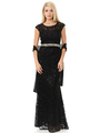 70-5152 Cap Sleeves Lace Overlay Long Evening Dress - Black, Front View Thumbnail