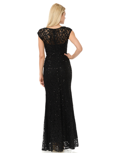 70-5152 Cap Sleeves Lace Overlay Long Evening Dress - Black, Back View Medium