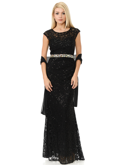 70-5152 Cap Sleeves Lace Overlay Long Evening Dress - Black, Front View Medium