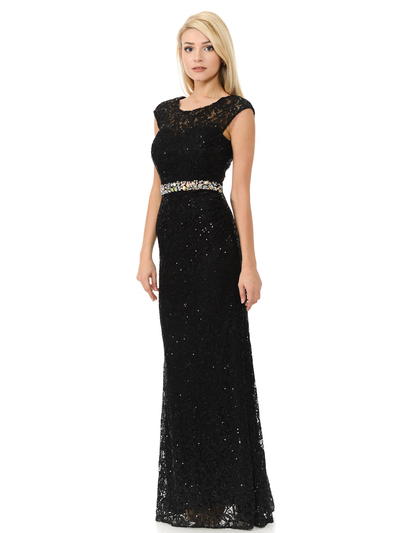 70-5152 Cap Sleeves Lace Overlay Long Evening Dress - Black, Alt View Medium