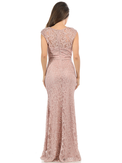 70-5152 Cap Sleeves Lace Overlay Long Evening Dress - Dusty Rose, Back View Medium