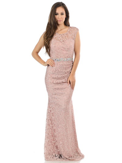 70-5152 Cap Sleeves Lace Overlay Long Evening Dress - Dusty Rose, Front View Medium