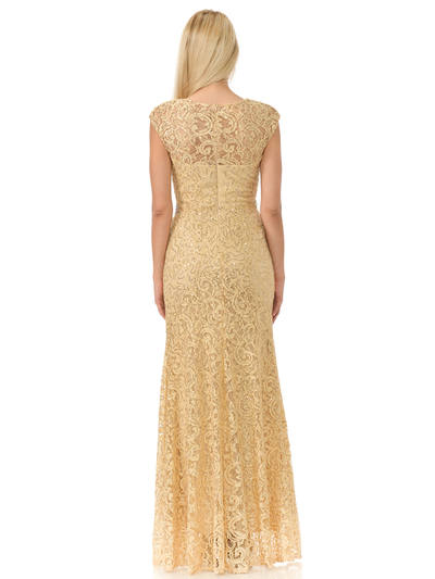 70-5152 Cap Sleeves Lace Overlay Long Evening Dress - Gold, Back View Medium