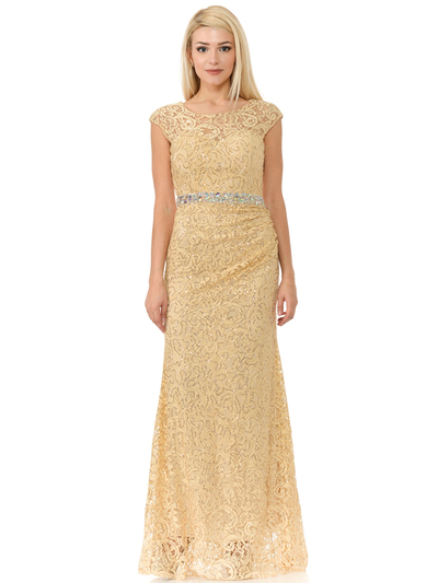 70-5152 Cap Sleeves Lace Overlay Long Evening Dress - Gold, Front View Medium