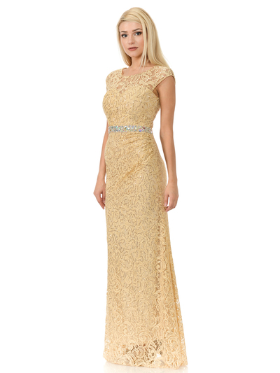70-5152 Cap Sleeves Lace Overlay Long Evening Dress - Gold, Alt View Medium