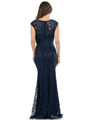 70-5152 Cap Sleeves Lace Overlay Long Evening Dress - Navy, Back View Thumbnail