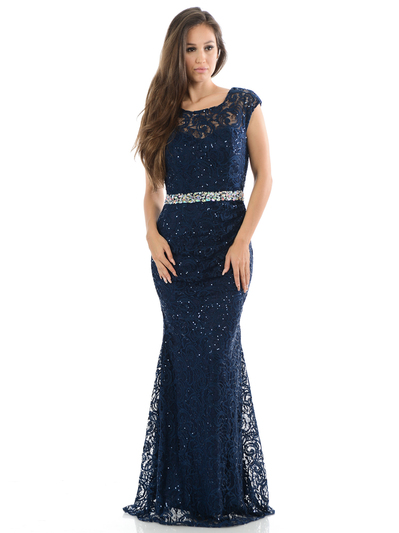 70-5152 Cap Sleeves Lace Overlay Long Evening Dress - Navy, Front View Medium