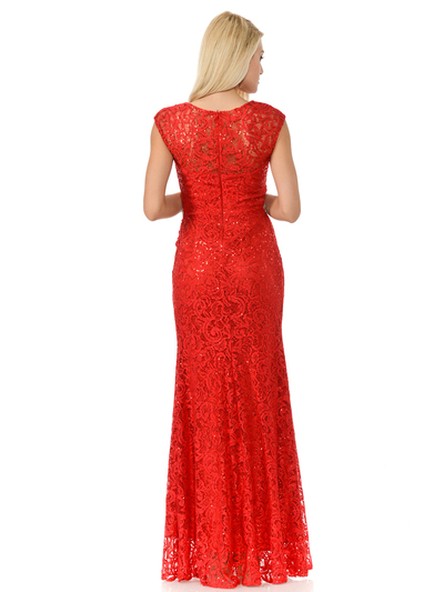 70-5152 Cap Sleeves Lace Overlay Long Evening Dress - Red, Back View Medium