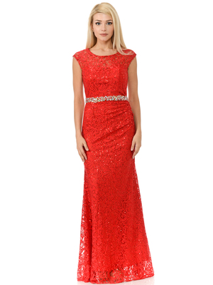 70-5152 Cap Sleeves Lace Overlay Long Evening Dress, Red