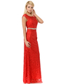 70-5152 Cap Sleeves Lace Overlay Long Evening Dress - Red, Alt View Thumbnail