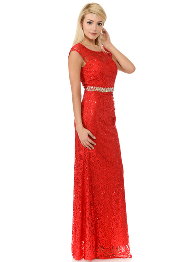 70-5152 Cap Sleeves Lace Overlay Long Evening Dress - Red, Alt View Medium