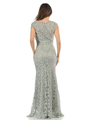 70-5152 Cap Sleeves Lace Overlay Long Evening Dress - Silver, Back View Thumbnail