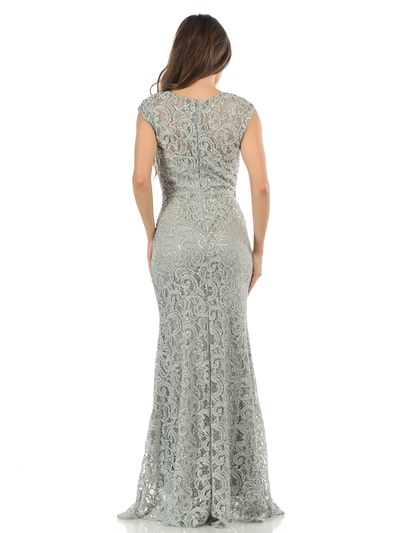 70-5152 Cap Sleeves Lace Overlay Long Evening Dress - Silver, Back View Medium