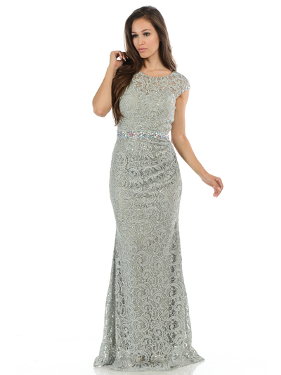 70-5152 Cap Sleeves Lace Overlay Long Evening Dress - Silver, Front View Medium