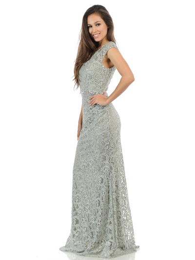 70-5152 Cap Sleeves Lace Overlay Long Evening Dress - Silver, Alt View Medium