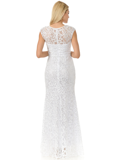 70-5152 Cap Sleeves Lace Overlay Long Evening Dress - White, Back View Medium