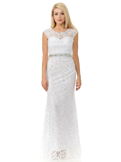 70-5152 Cap Sleeves Lace Overlay Long Evening Dress - White, Front View Medium