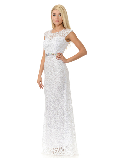 70-5152 Cap Sleeves Lace Overlay Long Evening Dress - White, Alt View Medium