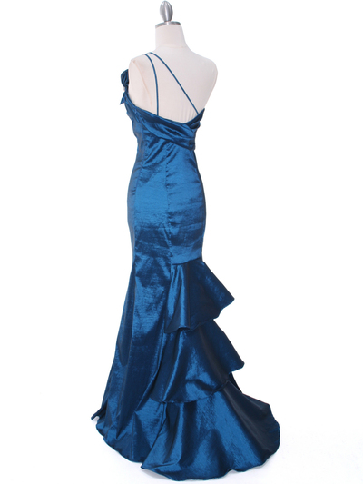 7063 Teal One Shoulder Taffeta Evening Dress with Bow - Teal, Back View Medium