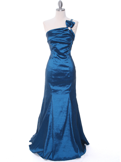 7063 Teal One Shoulder Taffeta Evening Dress with Bow - Teal, Front View Medium