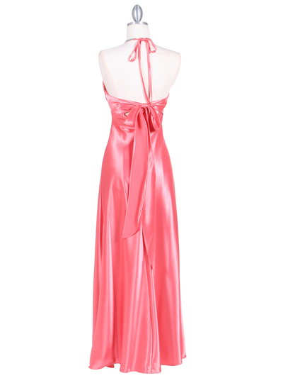 7072 Coral Satin Evening Dress with Rhinestone Strap - Coral, Back View Medium
