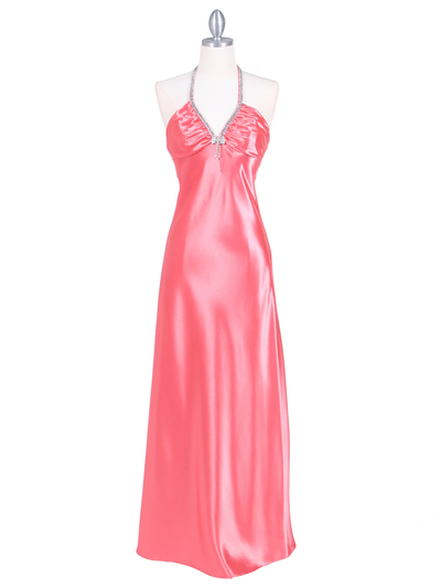 7072 Coral Satin Evening Dress with Rhinestone Strap - Coral, Front View Medium