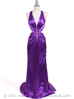 7077 Purple Satin Halter Evening Dress, Purple
