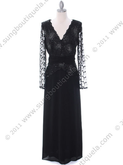709 Black Long Sleeve Mother of The Bride Dress - Black, Front View Medium