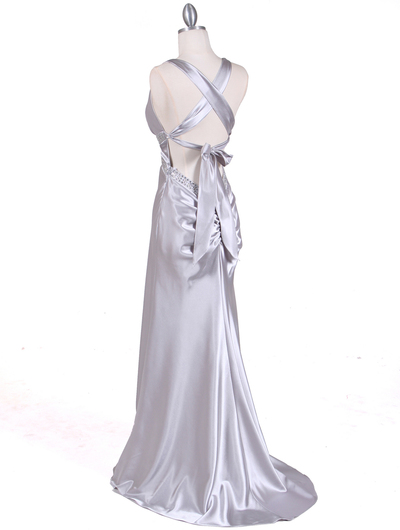 7120 Silver Satin Evening Dress - Silver, Back View Medium