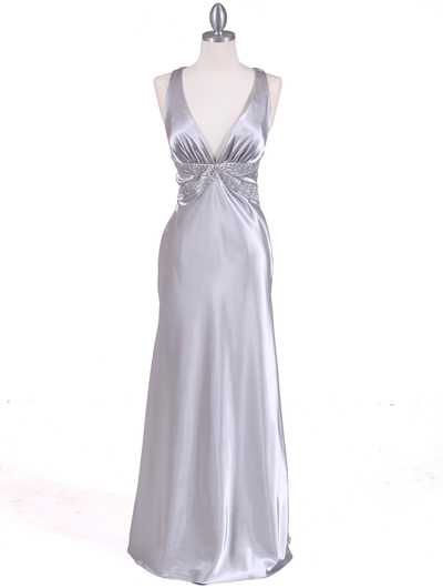 7120 Silver Satin Evening Dress - Silver, Front View Medium