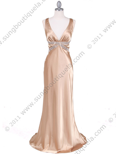 7120 Gold Satin Evening Dress - Gold, Front View Medium