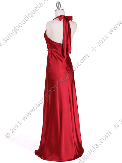 7122 Red Satin Halter Evening Gown - Red, Back View Medium