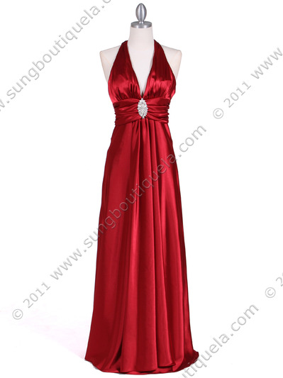 7122 Red Satin Halter Evening Gown - Red, Front View Medium