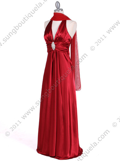 7122 Red Satin Halter Evening Gown - Red, Alt View Medium