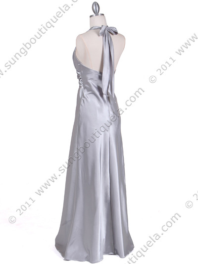 7122 Silver Satin Halter Evening Gown - Silver, Back View Medium