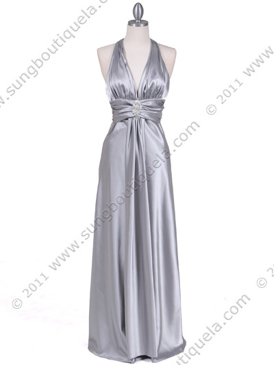 7122 Silver Satin Halter Evening Gown - Silver, Front View Medium