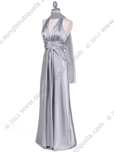 7122 Silver Satin Halter Evening Gown - Silver, Alt View Medium