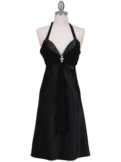 7129 Black Halter Cocktail Dress with Rhinestone Pin - Black, Front View Medium