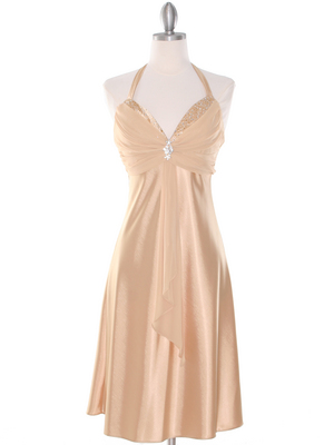 7129 Gold Halter Cocktail Dress with Rhinestone Pin, Gold