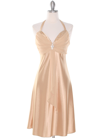 7129 Gold Halter Cocktail Dress with Rhinestone Pin - Gold, Front View Medium
