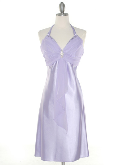 7129 Lilac Halter Cocktail Dress with Rhinestone Pin - Lilac, Front View Medium