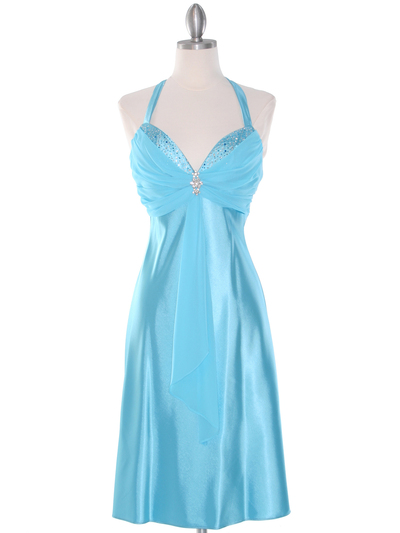 7129 Turquoise Halter Cocktail Dress with Rhinestone Pin    - Turquoise, Front View Medium