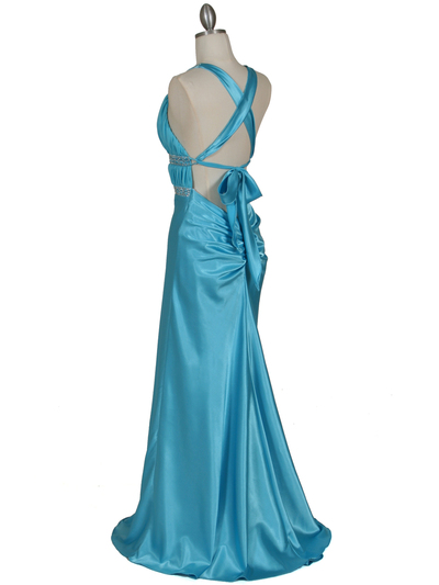 7154 Turquoise Satin Evening Dress - Turquoise, Back View Medium