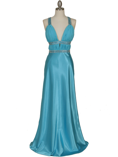 7154 Turquoise Satin Evening Dress - Turquoise, Front View Medium