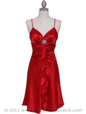 7168 Red Cocktail Dress with Rhinestone Pin, Red