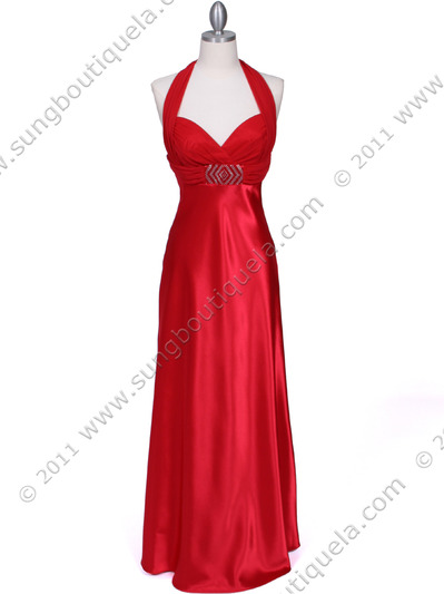 7173 Red Halter Evening Dress - Red, Front View Medium