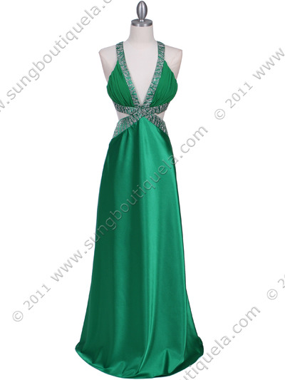 7179 Green Satin Evening Dress - Green, Front View Medium