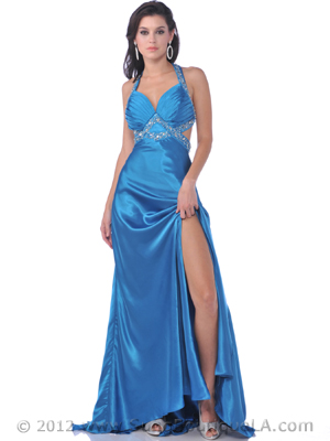 7503 Teal Halter Cut Out Prom Dress with Slit, Teal