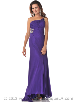 7507 Purple One Shoulder Jeweled Strap Evening Dress with Slit, Purple