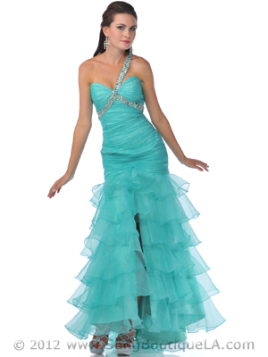 7508 Mint Single Sparkling Strap Ruched Prom Dress with Slit, Mint